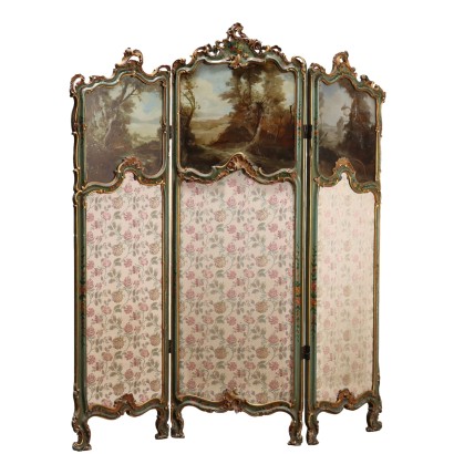 Antique Baroque Style Screen Lacquered Wood XX Century
