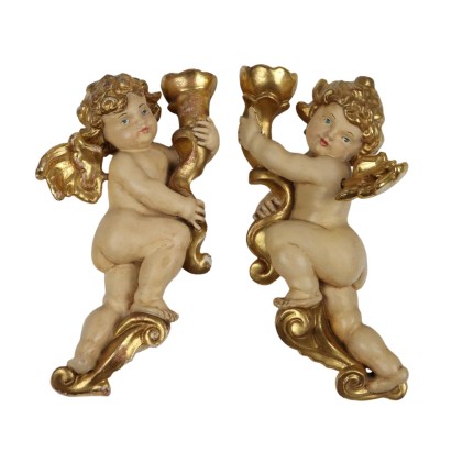 Pair of Carved Wooden Putti