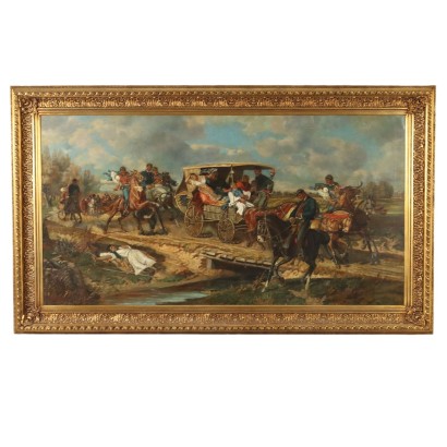 Antique Painting with Genre Scene Oil on Canvas '800-'900