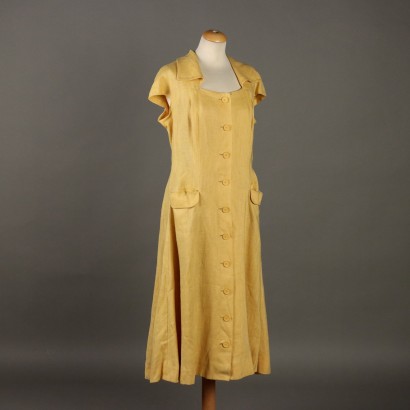 Biki Robe Vintage en Lin Jaune Taille 46 Italie Années 50