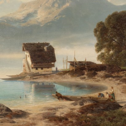 Paisaje con río,Pintura de Stanislas Eduard Von Kalckreu,Paisaje de montaña con lago,Stanislas Eduard Von Kalckreuth,Stanislas Eduard Von Kalckreuth