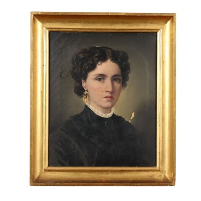 Antique Painting Female Portrait Oil on Canvas XIX Century