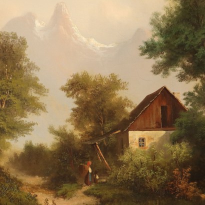 Peinture de paysage avec personnages et maisons