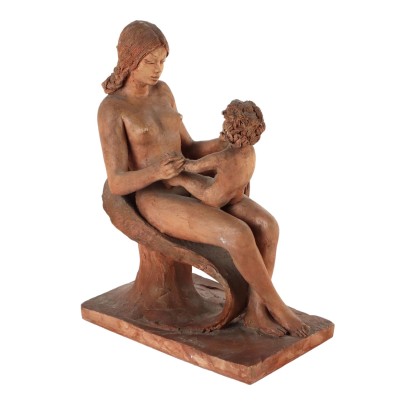 Sculpture Ancienne Dame avec Enfant Plâtre Signée Angela Basso Italie