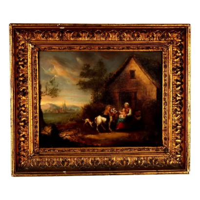 Antique Painting with Genre Scene Oil on Canvas XIX Century