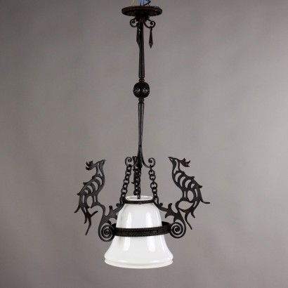 Antique Chandelier Wrought Iron Glass Italy XX Century