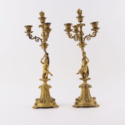 Coppia di Candelabri in Bronzo Dorato