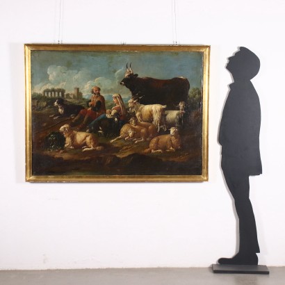 PEINTURE AVEC DES FIGURES ET UN TROUPEAU, Peinture de paysage avec des bergers et des troupeaux