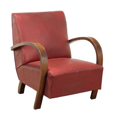 Fauteuil Vintage Bois Simili Cuir Italie Années 40-50