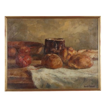 Pintura de Domenico De Bernardi,Composición con pan y tomates,Domenico De Bernardi,Domenico De Bernardi,Domenico De Bernardi