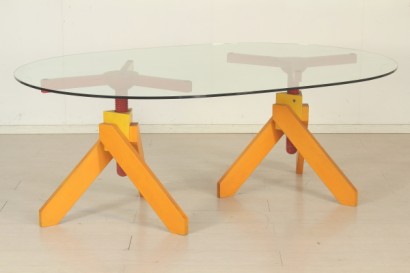 Vico Magistretti table, beech, stained natural bases, adjustable, tempered glass top, good condition, #modernariatotavoli