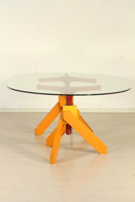 Vico Magistretti table, beech, stained natural bases, adjustable, tempered glass top, good condition, #modernariatotavoli