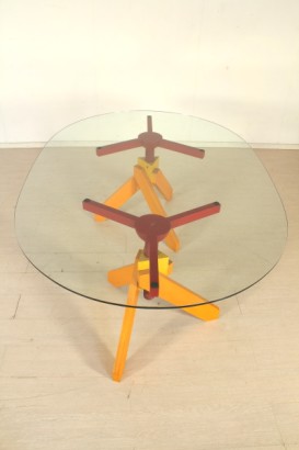 Vico Magistretti table, beech, stained natural bases, adjustable, tempered glass top, good condition, #modernariatotavoli