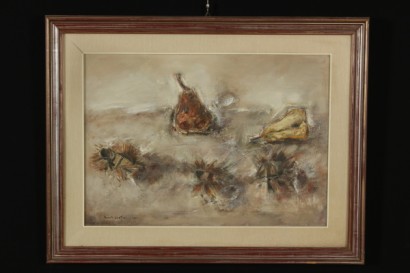 art, twentieth century, 1946, 20th century, Renato Santini (1912-1995), works by santini, cardi, chestnuts, pears, oil paintings, mixed media, still life, #arte, #novecento, #dimanoinmano