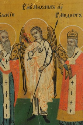 Dettaglio Icona russa con Arcangelo e Santi