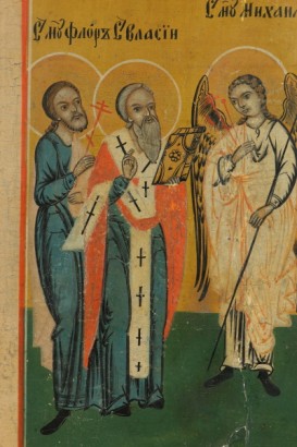 Dettaglio Icona russa con Arcangelo e Santi