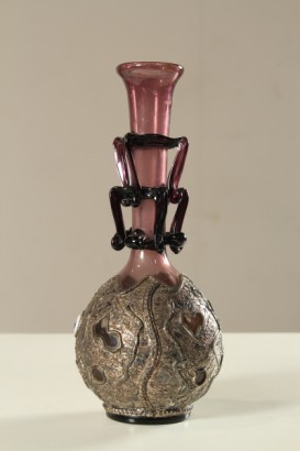 antiquités, objets, vase, vase du début des années 1900, vase soufflé, améthyste, métal argenté, élément murrina