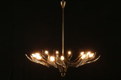Chandelier Brass Plate Glass Vintage Italy 1950s