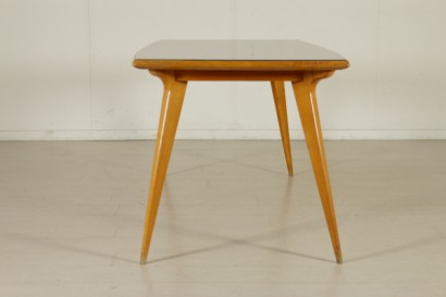 Mesa de los años 50, antigüedades modernas, mesa vintage, {* $ 0 $ *}, mesa de haya, años 50, mesa de diseño, diseño italiano, tapa de cristal, vidrio retro tratado