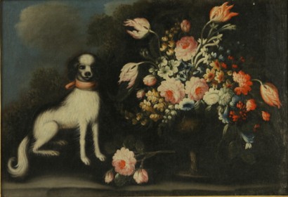 Natura morta con fiori e cagnolino