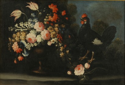 Natura morta floreale con gallina nera - particolare