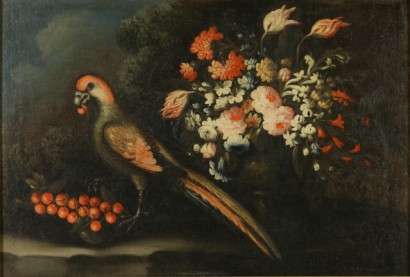 Floral still life with Parrot pecking dell