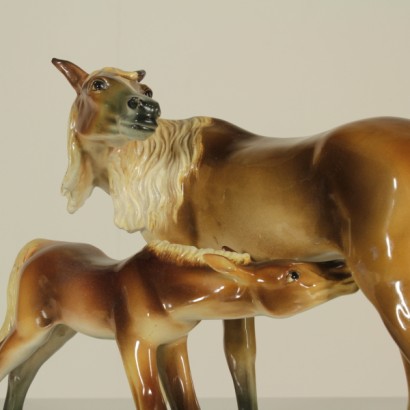 Ceramica Zaccagnini, jument avec poulain, statue de cheval, statue en céramique, céramique polychrome, poulain de cheval en céramique, {* $ 0 $ *}, anticonline