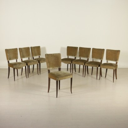 chaises, chaises des années 1950, années 1950, chaises vintage, chaises modernes, vintage italien, antiquités italiennes modernes, groupe de chaises, huit chaises, chaises en velours, rembourrage en velours, {* $ 0 $ *}, anticonline