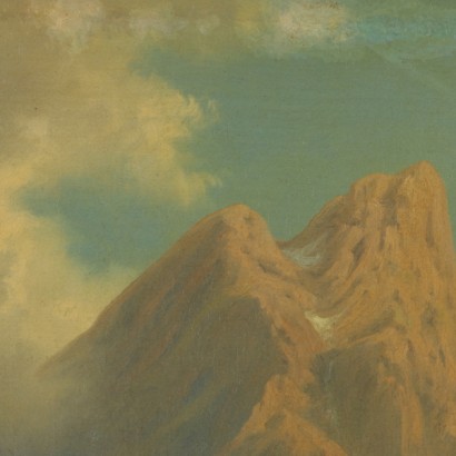 Paesaggio di montagna con baita e figure