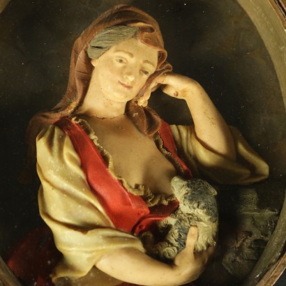 Dame avec chien Cire polichrome XVIIIeme siècle