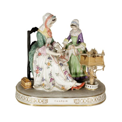 {* $ 0 $ *}, lady with girl on the loom, girl on the loom, porcelain sculpture, carved lady, girl on the porcelain loom