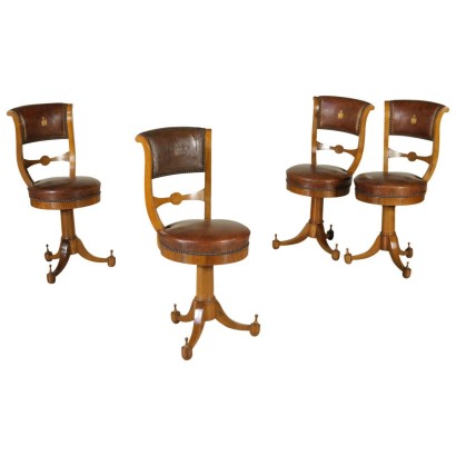 {* $ 0 $ *}, music chairs, chairs with Napoleonic coat of arms, empire chairs, I empire chairs, antique chairs, antique chairs, Tuscan chairs, antique music chairs, antique music chairs, swivel chairs, walnut chairs, chairs in cherry wood, high antiques chairs, high antiques, chairs with leather seat, golden eagle emblem, golden eagle, Group of Four Music Chairs