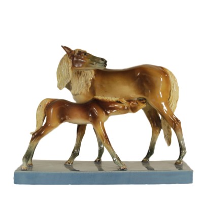 Ceramica Zaccagnini, jument avec poulain, statue de cheval, statue en céramique, céramique polychrome, poulain de cheval en céramique, {* $ 0 $ *}, anticonline