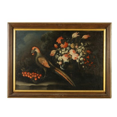 Nature floral still life with bird that pecks dell
