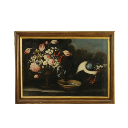 Nature floral still life with a duck drinking from a bowl