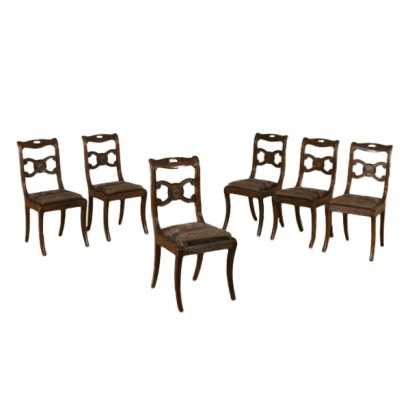 sedie, gruppo di sedie, gruppo di sei sedie, sedie in stile, sedie 900, sedie in noce, sedie intagliate, schienale a giorno, sedie imbottite, sedie antiche, sedie antiquariato, di mano in mano, anticonline, stile restaurazione, sedie restaurazione