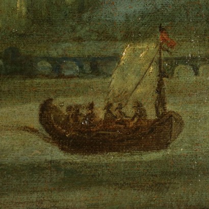 Paesaggio con rovine e barca sul lago e figure-particolare