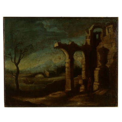 Landscape with ruins and bare tree