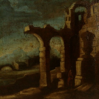 Landscape with ruins and bare tree-detail
