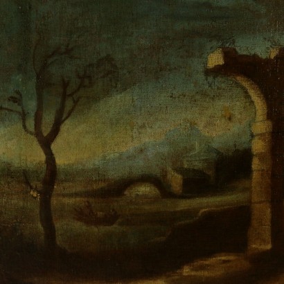Landscape with ruins and bare tree-detail