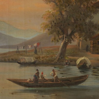 Lake landscape with boats and figures-detail