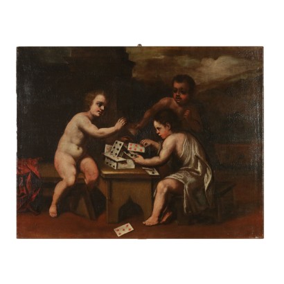 Allegoric Painting Cherubs Playing with Cards XVIII Century