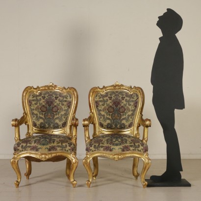 Pair of Gilded Armchairs Italy 19th Century