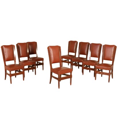 Set of Eight Chairs Stained Beech Leatherette Vintage Italy 1950s