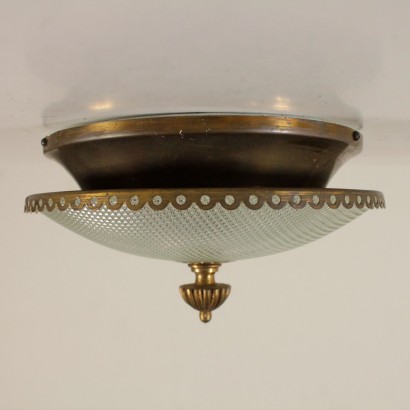 Ceiling Lamp Brass Milled Glass Vintage Italy 1950s