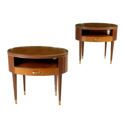 Pair of Nightstands Mahogany Brass Glass Vintage Italy 1950s