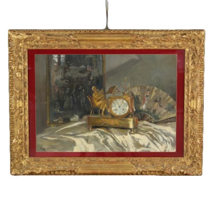 Arte del siglo XX, 1900, 900, siglo XX, Ludovico Zambeletti (1881-1966), bodegones, reloj, abanico, pinturas al óleo, #arte, #novecento, # {* $ 0 $ *}