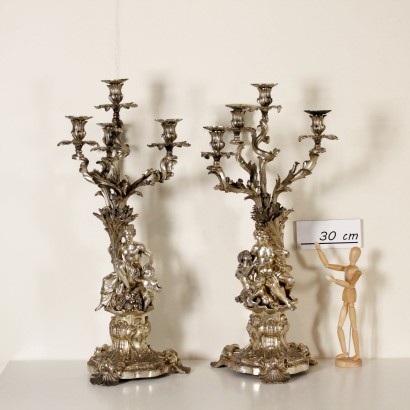 Pair of Silver-Plated Bronze Candlesticks Italy Late 1800s
