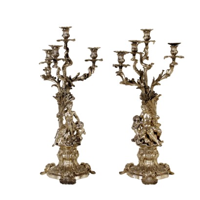 Pair of Silver-Plated Bronze Candlesticks Italy Late 1800s