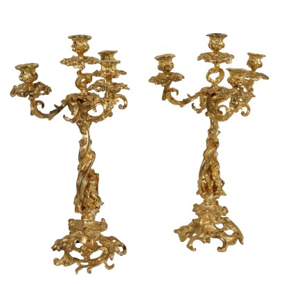 Pair of Candlesticks Gilded Bronze Italy Mid 1900s